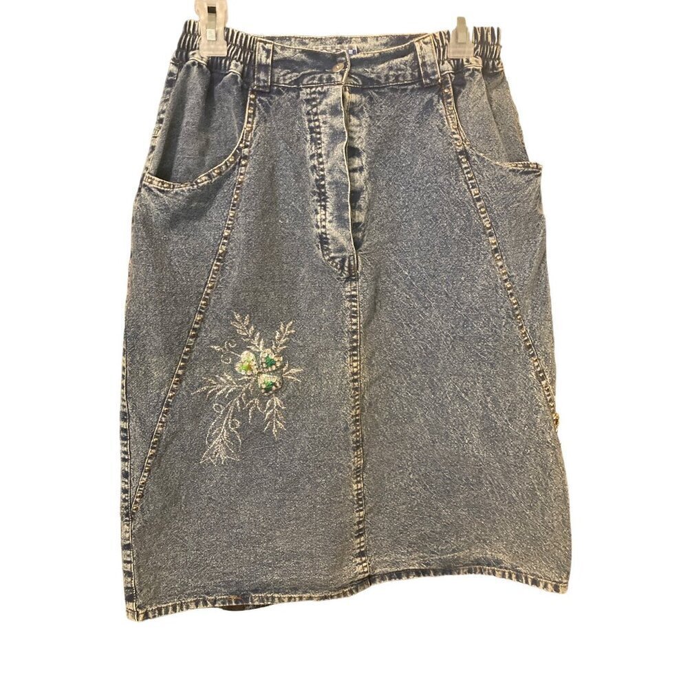 Vintage Pretty Bleu Denim Acid Wash Embroidered Studded Sequin Skirt Large PKTS